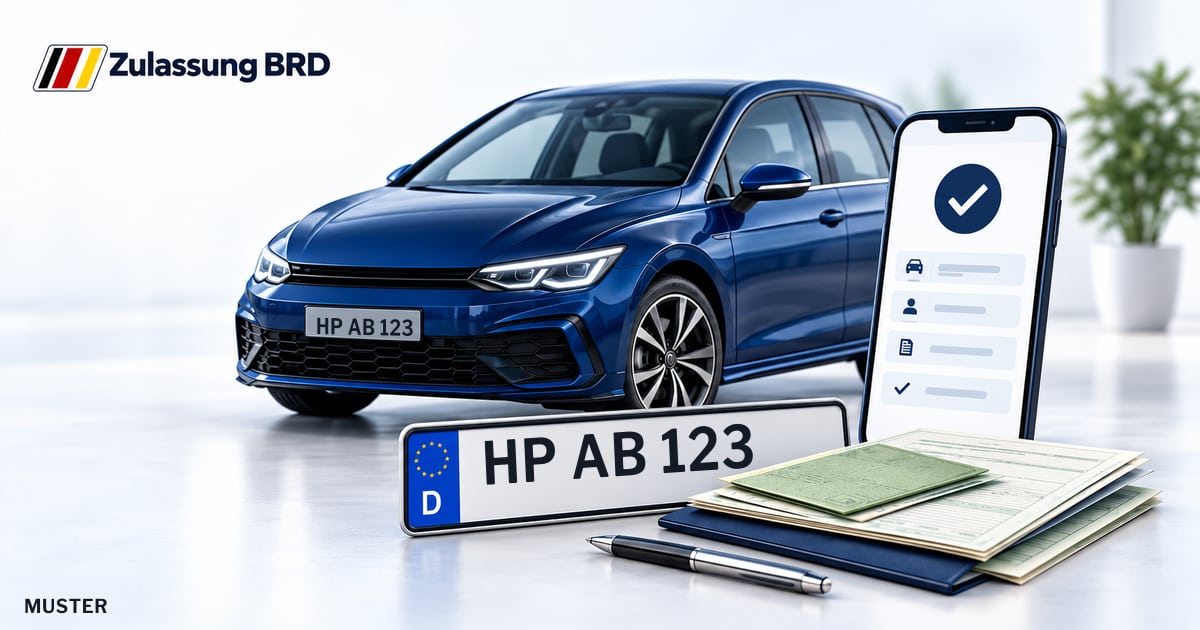 Online Fahrzeugzulassung in Wald-Michelbach: Musterkennzeichen HP AB 123, Auto und Fahrzeugpapiere und Smartphone. Illustration mit Logo von Zulassung BRD.